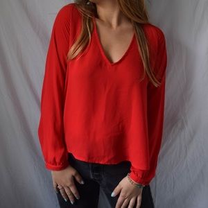 Nasty Gal Open Back Coral Red V-Neck Blouse